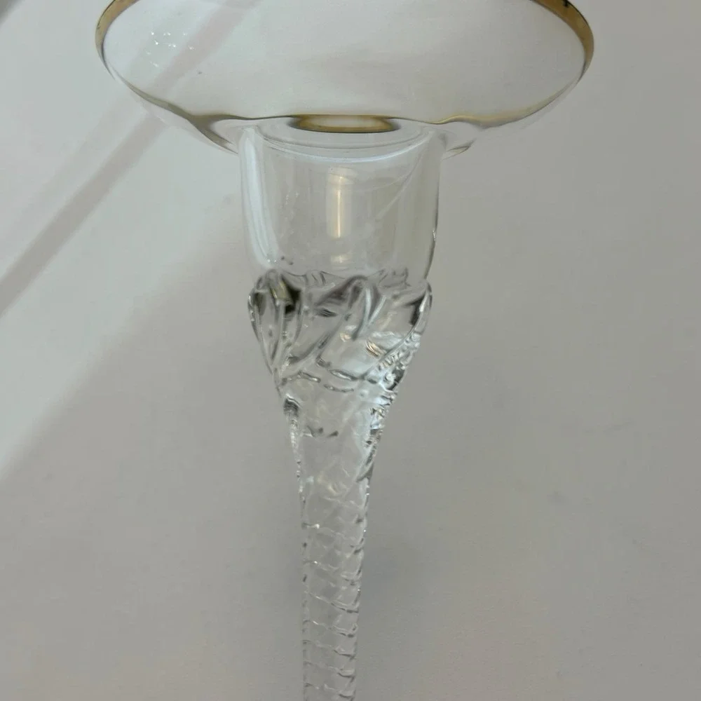 Crystal 2 Tier Tall Candlestick Holders Gold Rim Twisted Stem 8